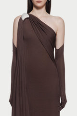 xaviera one-shoulder pleated backless maxi dress in brown