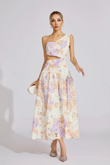 kimberley Yellow One-Shoulder floral print cutout Maxi Dress