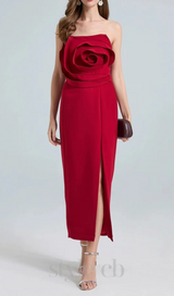 michelle 3d flower strapless midi dress in red