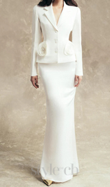 flower embellished jacket skirt set in white