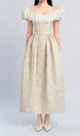 boat neck corset maxi dress in beige