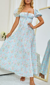 VINTAGE FLORAL PUFF SLEEVE MIDI DRESS IN BLUE