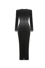 pearl embellished v-neck maxi dress in black