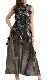 aditi 3d floral embellished maxi dress in grey