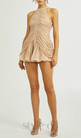 CHAMPAGNE AMENAE EMBELLISHED RUCHED MINI DRESS