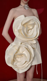 BEIGE FLOWER STRAPLESS BIND MINI DRESS