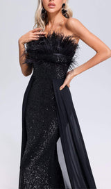 BLACK FEATHER SEQUIN MAXI DRESS