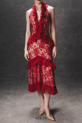 caitlin Lace Halter Ruffle Midi Dress in red