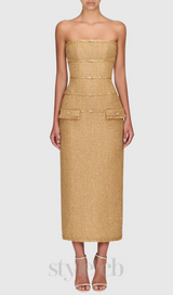 Elborno Gold Embellished Strapless Midi Dress