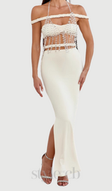 crystal chain embellished fishtail skirt set in apricot