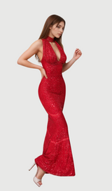 alisa Halter Sequin Embellished Gown in red