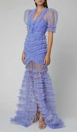 v-neckline tiered mesh gown in blue