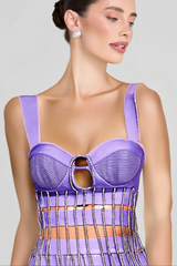 CRYSTAL TASSEL BANDAGE MINI DRESS IN PURPLE