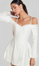 off-shoulder pleated trim mini dress in white