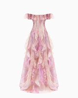 helen Floral Frill Off-Shoulder Maxi Dress in pink