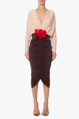 Long Sleeve Two-Tone pleated Midi Dress in Brown