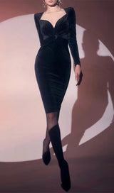 BLACK VELVET SATIN V-NECK DRESS