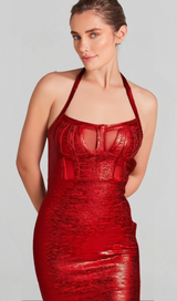 NECK METALLIC BANDAGE DRESS - RED