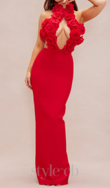 halter 3d flower hollow out backless maxi dress in red