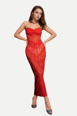STRAPLESS TWISTED LACE DRESS IN ORANGE