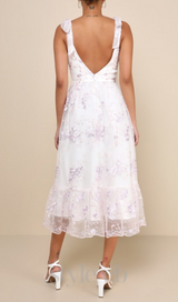 Floral Embroidered Tie-Strap Midi Dress in white