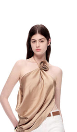 Satin Cowl Neck Halter Top in gold