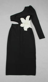 FLOWER APPLIQUE ONE SHOULDER MIDI DRESS  IN BLACK