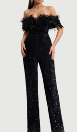 off-shoulder sequin jumpsuit in black