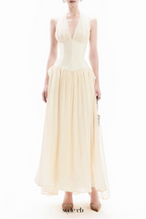 tiffany halterneck tulle overlay maxi dress in apricot