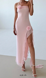 Strapless Lace Spliced Slit Bodycon Dress  in pink