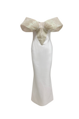 Off-Shoulder pearl embellished bodycon maxi dress in white