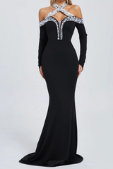 Halter Pearl Crystal-Trim Gown in black