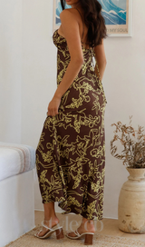 print satin maxi dress in brown