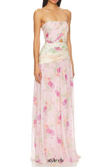 PINTIL STRAPLESS PLEATED FLORAL MAXI DRESS IN MULTI