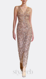 sleeveless flower Embroidery midi dress in beige