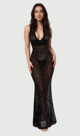 BARBARA HALTER SEQUIN MAXI DRESS IN BLACK