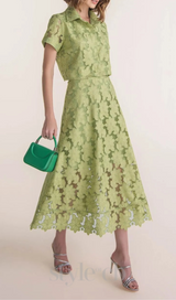 guipure mesh midi skirt cropped set in green