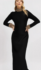 YVONNE LONG SLEEVE GOLD BEAD BANDAGE MIDI DRESS IN BLACK