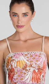 MULTICOLOR EMBROIDERED HOLLOW FRINGE MIDI DRESS