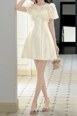 Floral Lace Puff Sleeve A-Line mini Dress in apricot