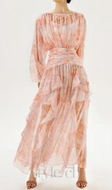 puff long sleeve tiered ruffle hem maxi dress in pink