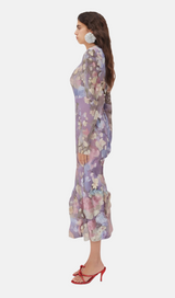 LONG SLEEVE EMBROIDERED MIDI DRESS IN PURPLE