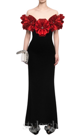 red flower embellished strapless Bandage maxi dress