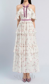 floral print bow collar ruffle flared maxi dress