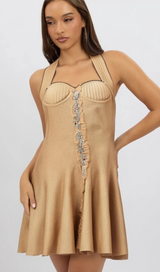 Gabrielle khaki embellished knitted mini dress
