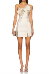 Bowknot patchwork strapless mini dress in champagne