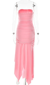 STRAPLESS RUCHED FISHTAIL SLIT DRESS