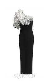 white flower embellished strapless black  midi dress
