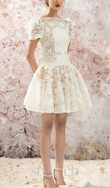 rose sleeve lace hollow mini dress in white