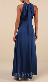 Blue Satin Pleated Mock Neck Maxi Dress